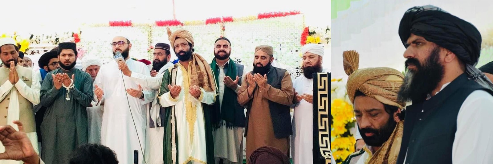 Pir Anwar Junaid is praying, Pir Qazi Muhammad Sahib Zafar Awan and other friends are present.